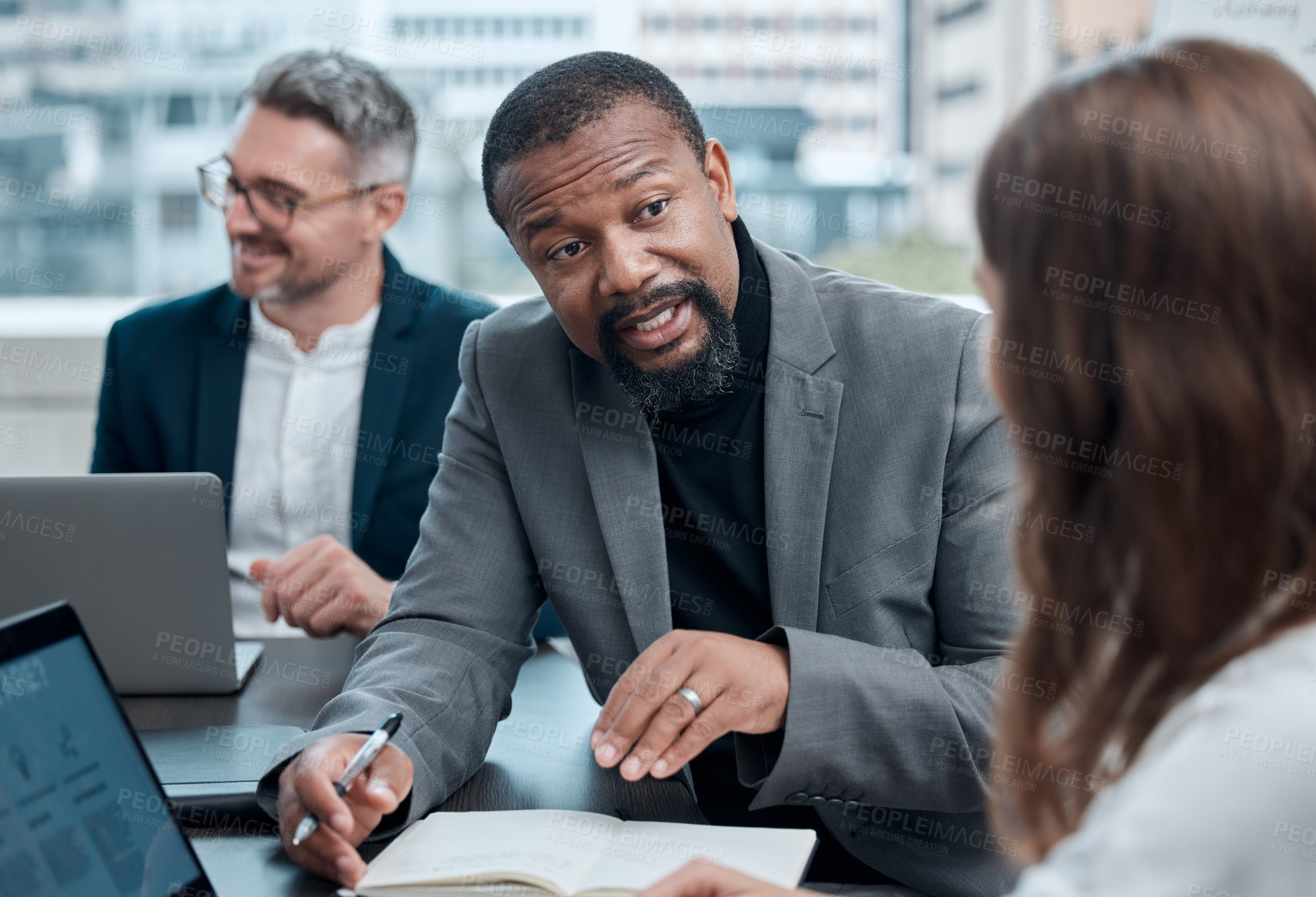 Buy stock photo Man, manager and mentor with laptop for instruction in office for meeting, strategy and discussion in workplace.  Businessman, coaching and computer on desk for planning, support and guiding