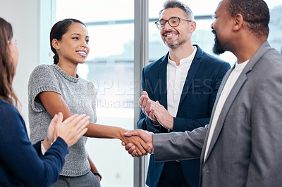 Buy stock photo Business people, handshake and clapping in meeting celebration, success promotion or HR thank you. Corporate partnership, woman shaking hands and b2b onboarding, congratulations or career welcome