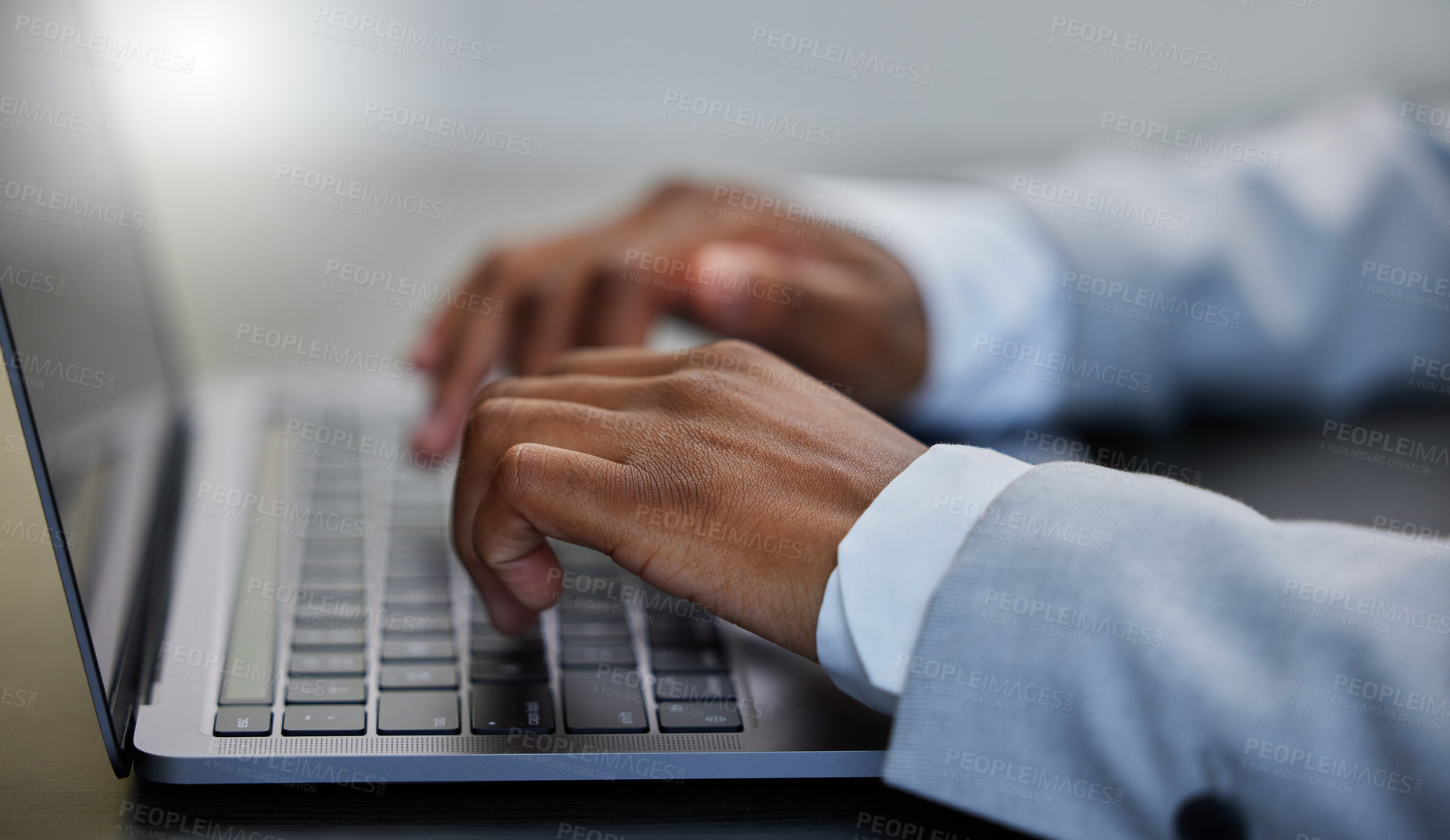 Buy stock photo African, employee and laptop in hands for communication, typing and digital as entrepreneur. Career, person and closeup with connection on tech for email, networking or website for company or startup