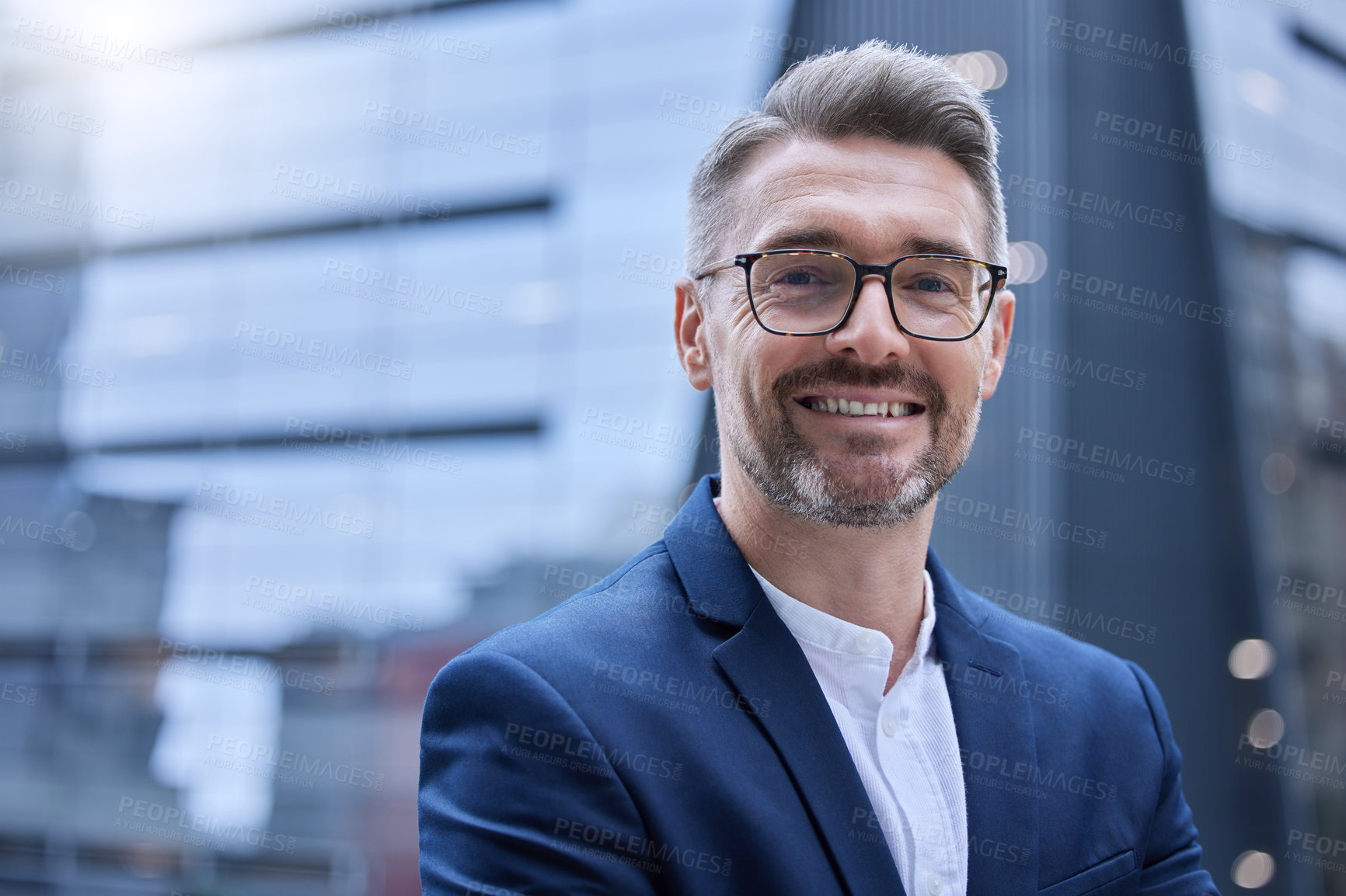 Buy stock photo Happy, mature businessman and face for confidence in professional career as leader outdoors in urban city. Smile, male person or ceo with glasses for pride, ambition and growth in job outside office