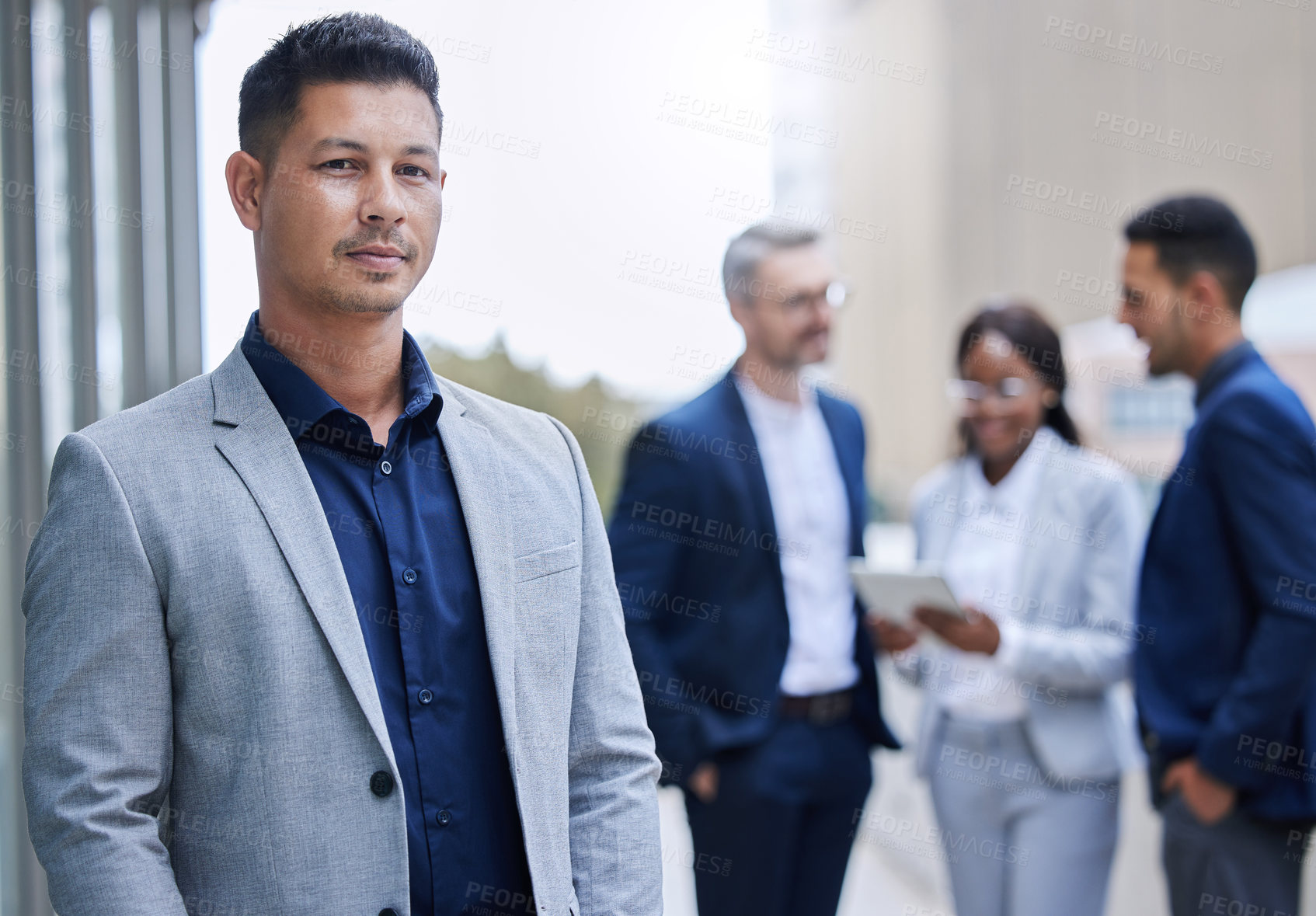 Buy stock photo Balcony, leadership and portrait of business man outdoor at office in city with corporate team. Company, confidence or management and professional employee at workplace in urban town for opportunity