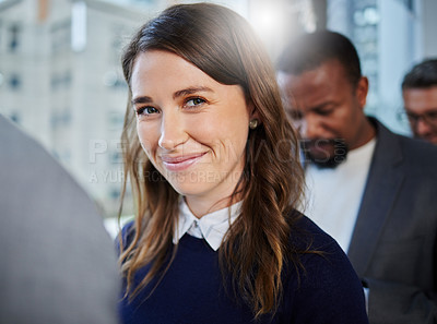 Buy stock photo Job interview, line or portrait of happy woman waiting for recruitment, business or vacancy in office. Candidates, applicants or people ready for appointment queue for hiring or company opportunity