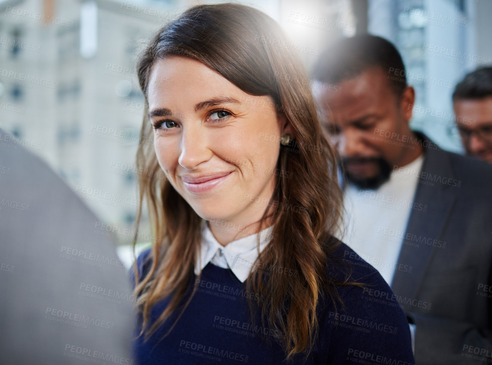 Buy stock photo Job interview, line or portrait of happy woman waiting for recruitment, business or vacancy in office. Candidates, applicants or people ready for appointment queue for hiring or company opportunity