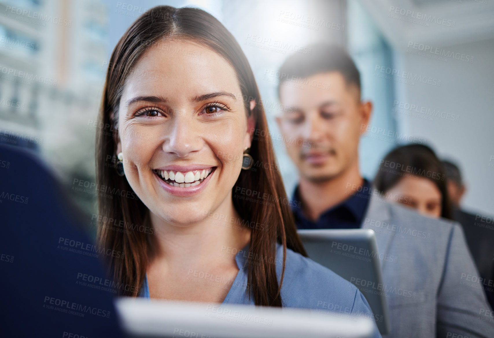 Buy stock photo Job interview, queue or portrait of happy woman waiting for recruitment, business or vacancy in office. Candidates, applicants or people ready for appointment line for hiring or company opportunity 