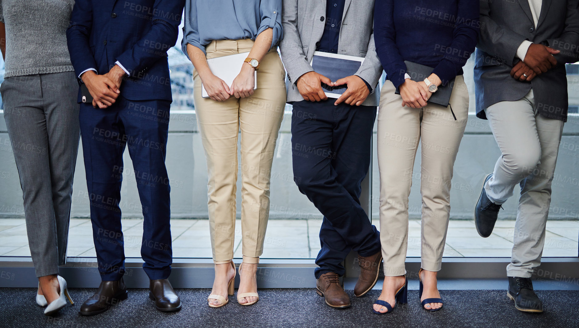 Buy stock photo Job interview, queue or legs of people waiting for recruitment, business or vacancy in office. Candidates, group or applicants ready for appointment line for hiring or company opportunity in agency