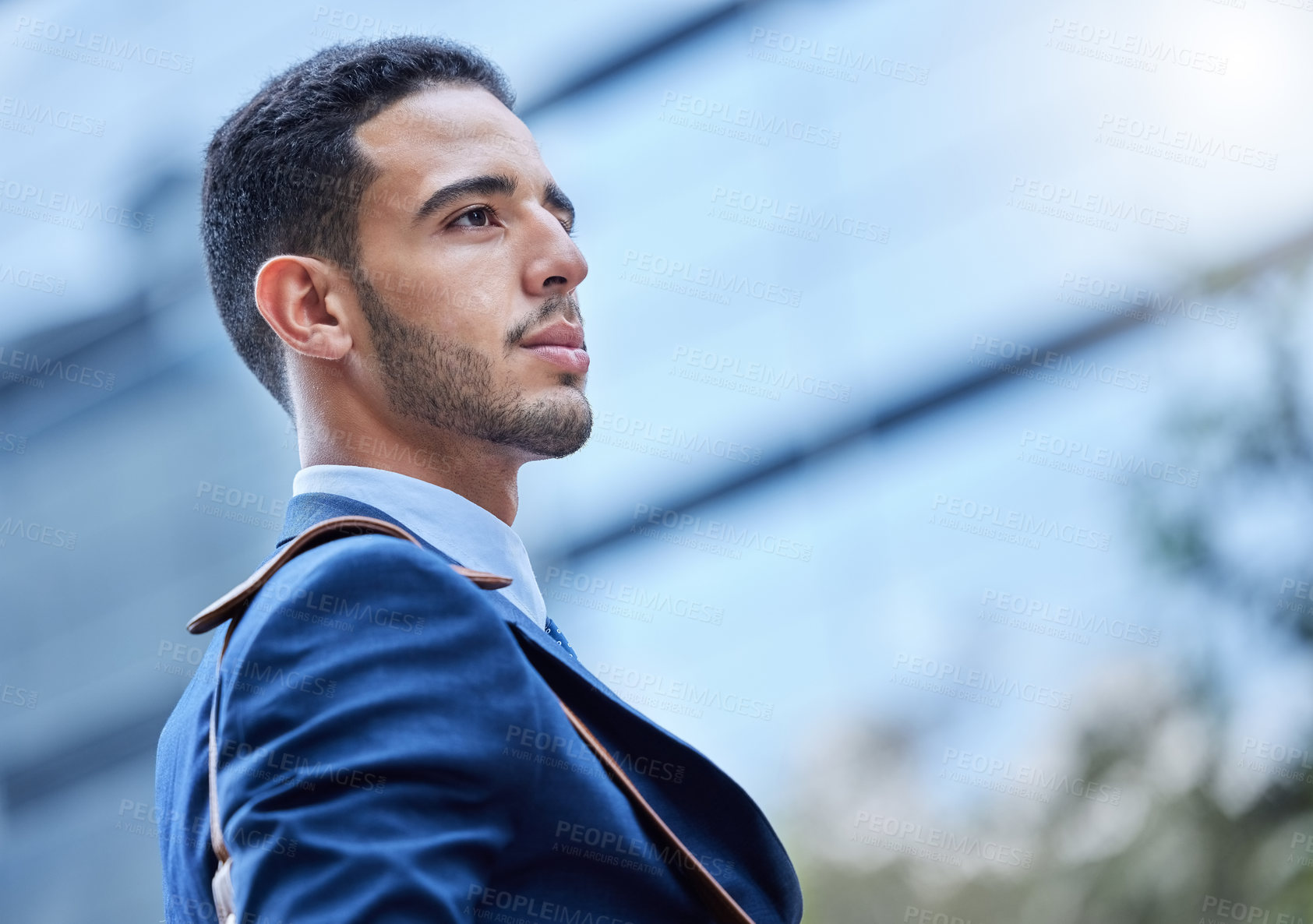 Buy stock photo Urban, thinking and businessman on morning commute with bag, opportunity and professional realtor on sidewalk. City travel, walking and man at office building to start new job at real estate agency