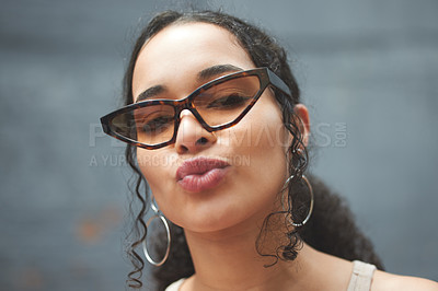 Buy stock photo Fashion, pout and portrait of woman on wall background with makeup, cosmetics and accessories. Beauty, attitude and happy female person pose in city with sunglasses, confidence and style outdoors