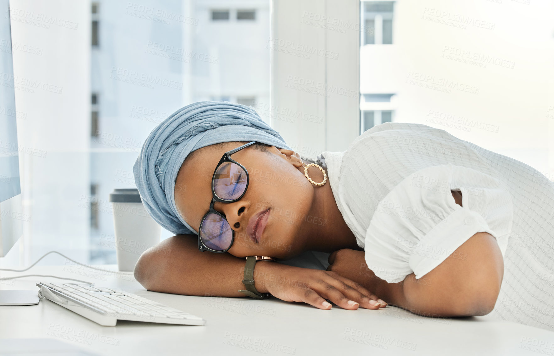 Buy stock photo Business woman, tired and sleeping at desk from burnout, exhaustion and stress in office for mental health. Female person or employee and dreaming with eyes closed at table for nap and rest at work