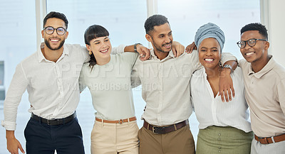Buy stock photo Teamwork, business people and group portrait in modern office for solidarity with cooperation, happiness and hug. Collaboration, team building and copywriting staff in agency  with smile and support
