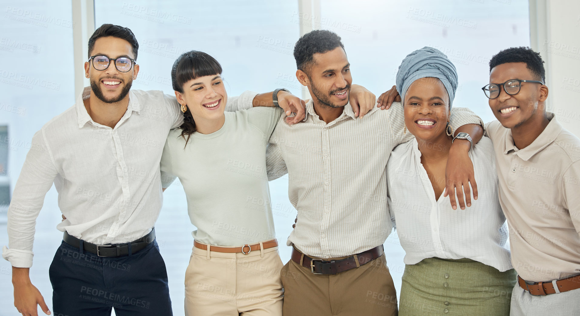 Buy stock photo Teamwork, business people and group portrait in modern office for solidarity with cooperation, happiness and hug. Collaboration, team building and copywriting staff in agency  with smile and support