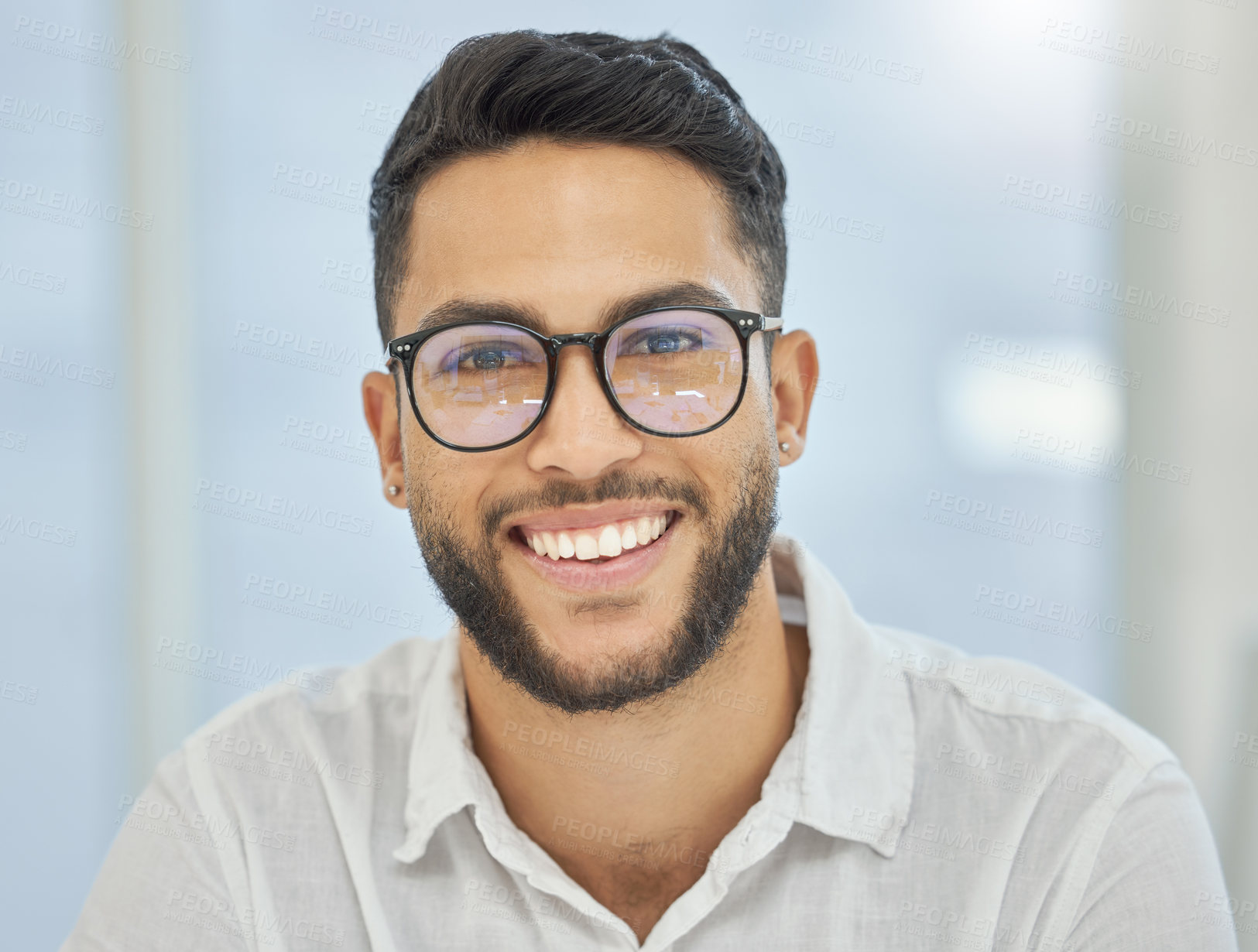 Buy stock photo Corporate, portrait and man in office, glasses and mockup space for employee in startup and agency. Accountant, professional and eyewear for vision of person, business and happy in bank of Egypt