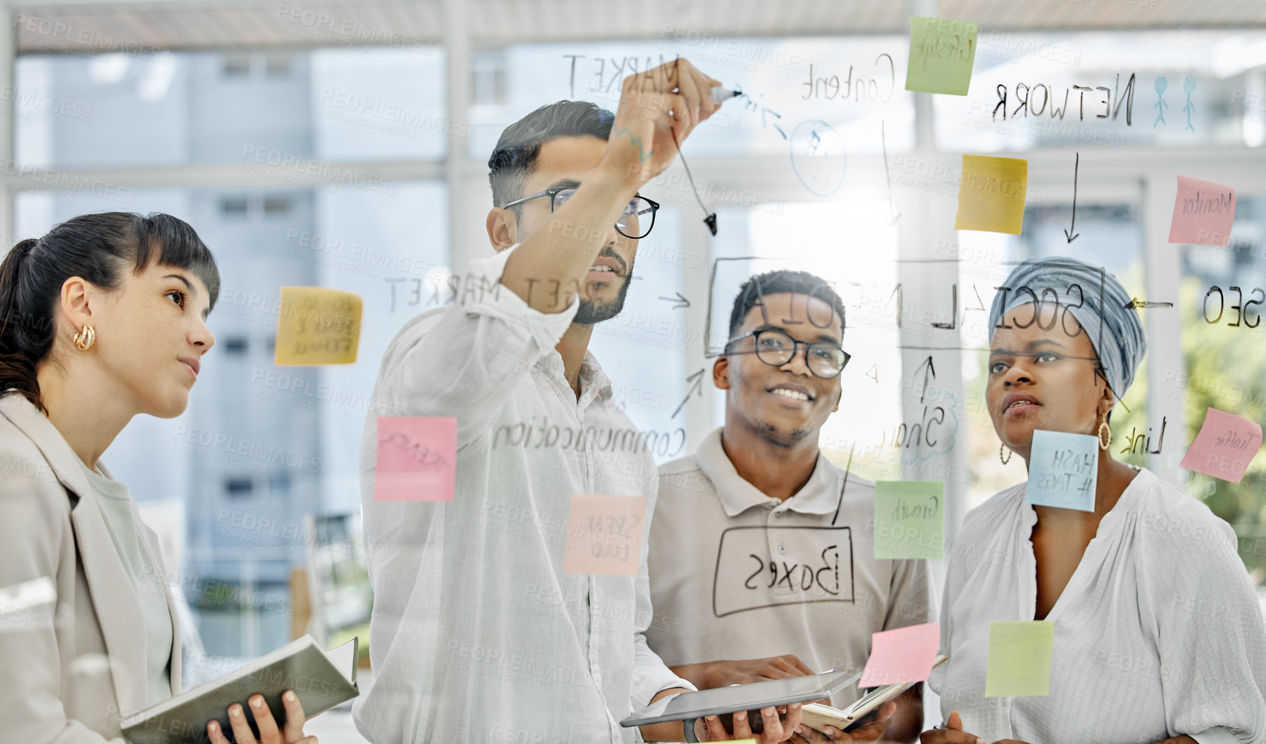 Buy stock photo Business people, glass wall and brainstorming with planning, teamwork and collaboration for company social media. Seo, happy manager and employees with ideas, calendar or meeting in modern office