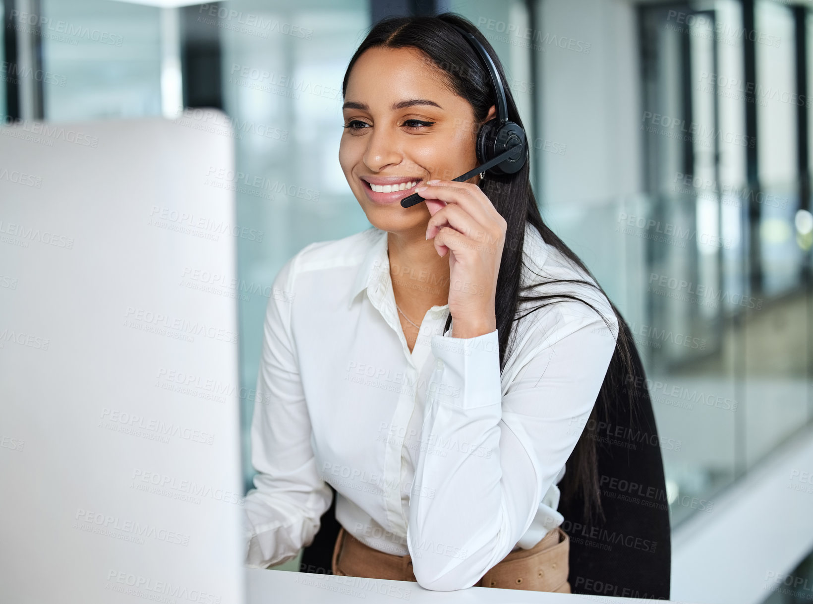 Buy stock photo Phone call, callcenter and woman with computer, headset and consultant in customer service agency. Lead generation, sales and happy virtual assistant at help desk with telemarketing advisor at office