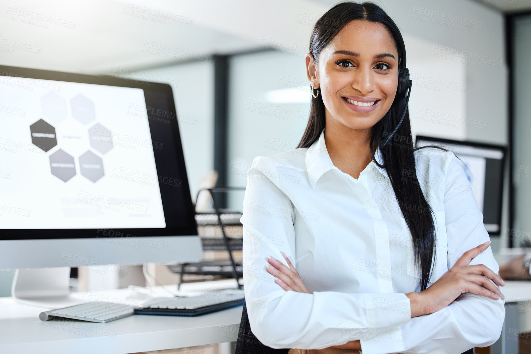 Buy stock photo Computer screen, callcenter and portrait of woman with smile, headset and consultant in customer service. Lead generation, telemarketing and virtual assistant with data analysis at help desk office