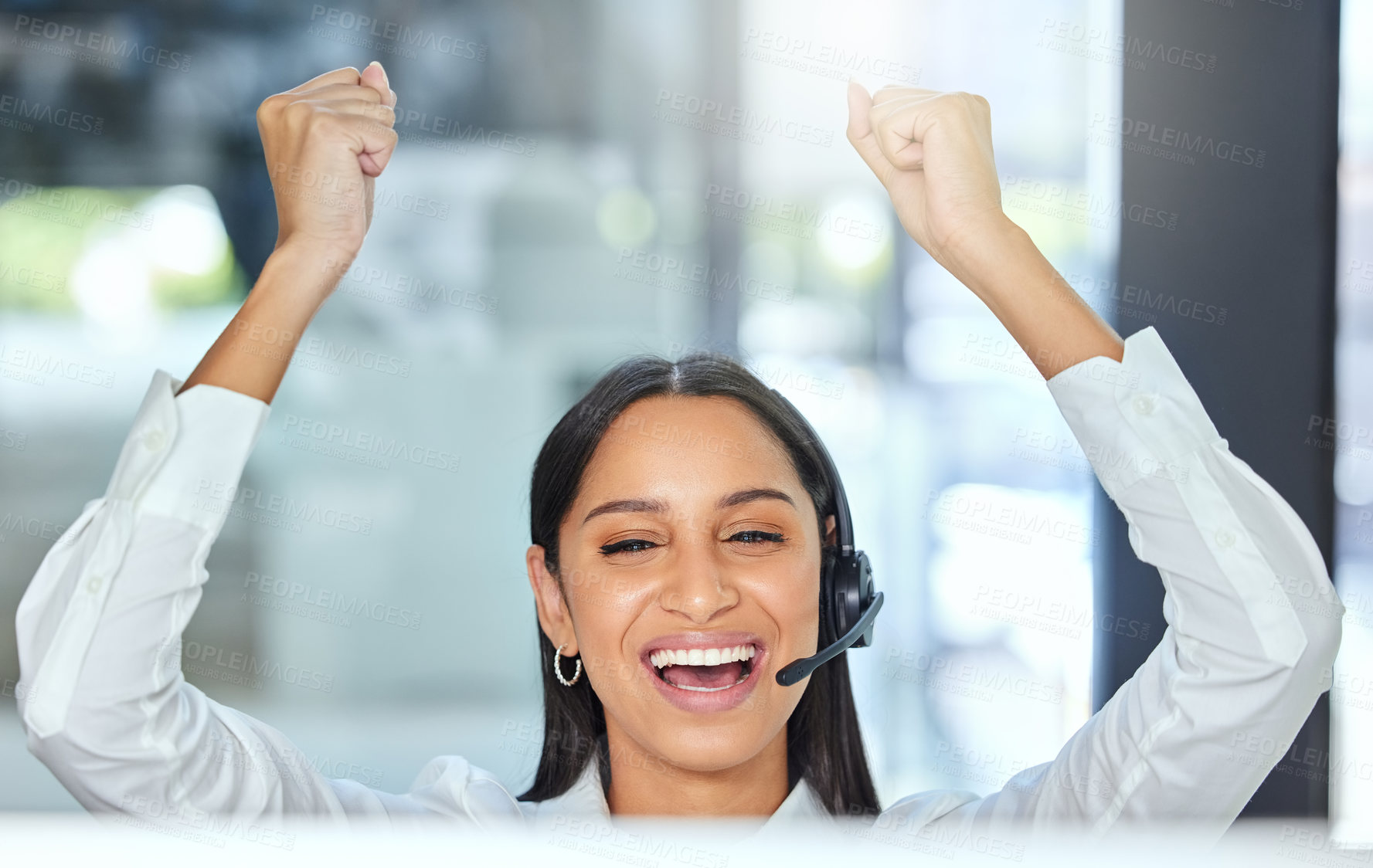 Buy stock photo Success, callcenter and portrait of woman with excited smile, headset and consultant in customer service. Lead generation, celebration and happy virtual assistant at help desk for telemarketing deal