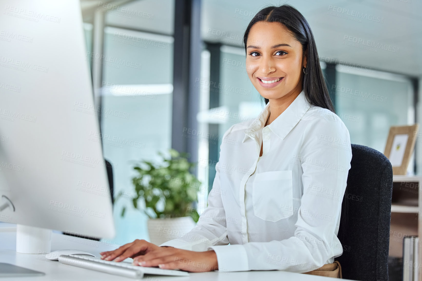 Buy stock photo Smile, computer and portrait of woman in office for policy review, digital schedule and pride in career. Professional person, happy and technology at desk for administration, email and online network