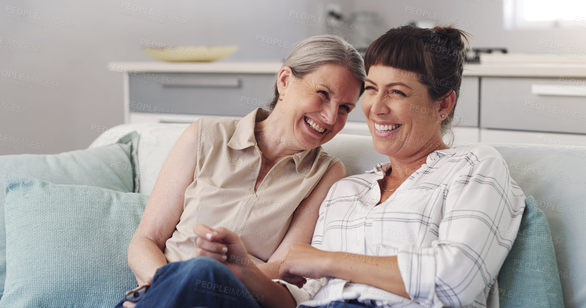 Buy stock photo Senior mom, woman and laughing together in family home for love, care and support in apartment. Female people, daughter and smile for mothers day in house with happiness, comedy and funny in lounge