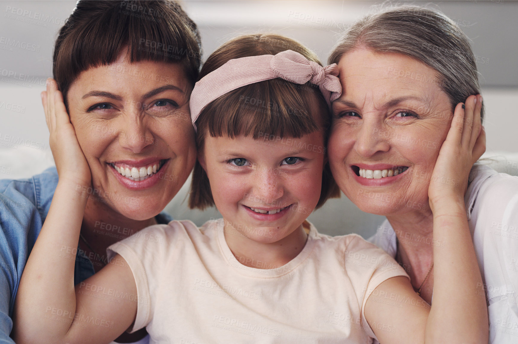 Buy stock photo Portrait, grandmother and family with hug on couch for love, support and care in lounge on holiday. Mom, daughter and together with happiness for mothers day, relationship and connection in house