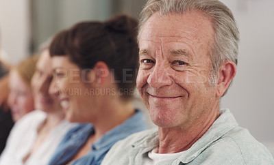 Buy stock photo Portrait, mature man and family on sofa together for love, support and retirement visit on weekend break. Male person, smile and people on couch in home happy for care, support and relationship