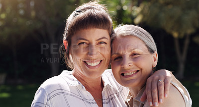 Buy stock photo Portrait, hug and women in a garden with smile for love, bonding and gratitude or comfort. Happy, mom and daughter embrace in outdoor backyard or park together for care, mothers day and visit