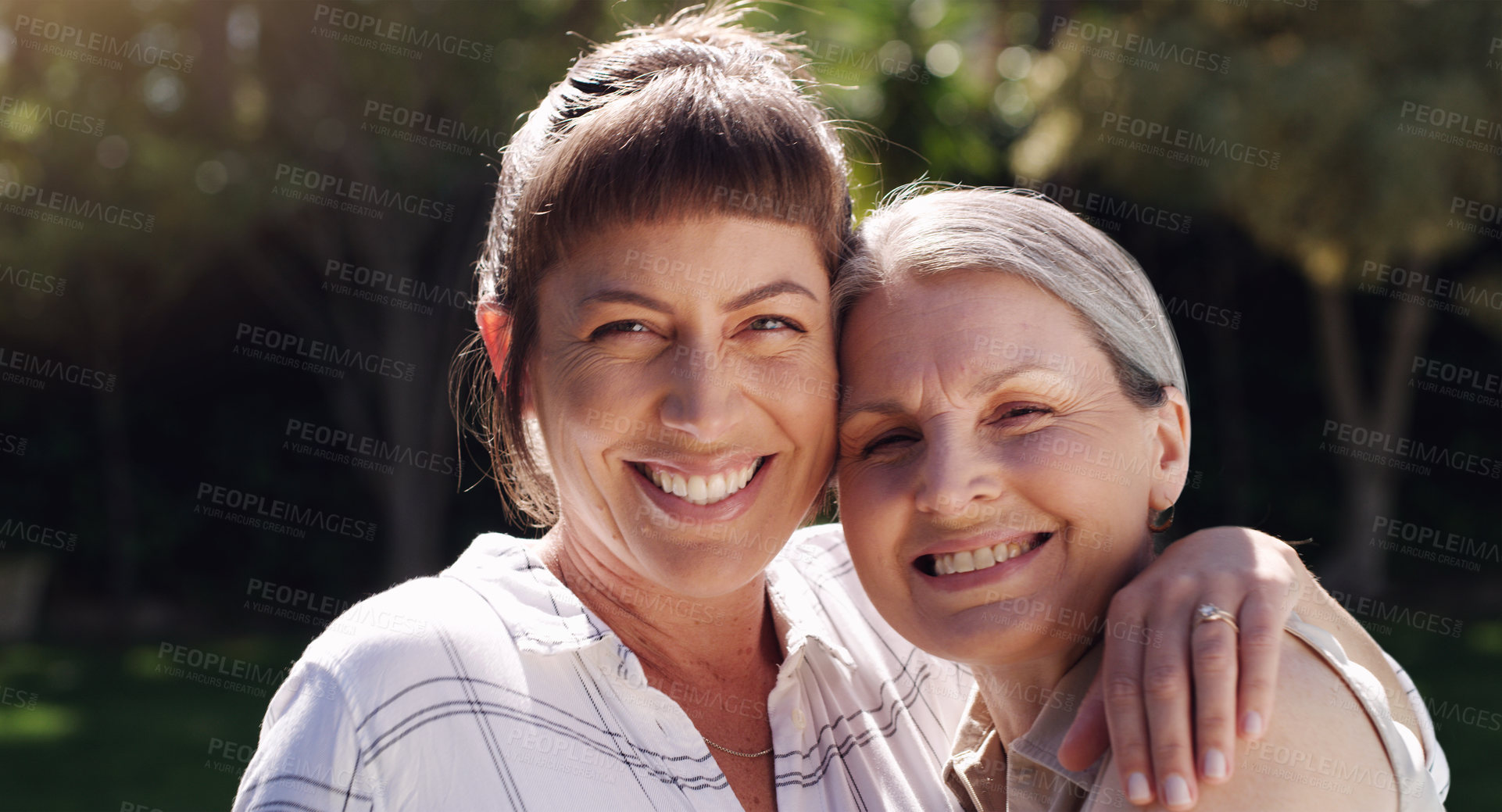 Buy stock photo Portrait, hug and women in a garden with smile for love, bonding and gratitude or comfort. Happy, mom and daughter embrace in outdoor backyard or park together for care, mothers day and visit