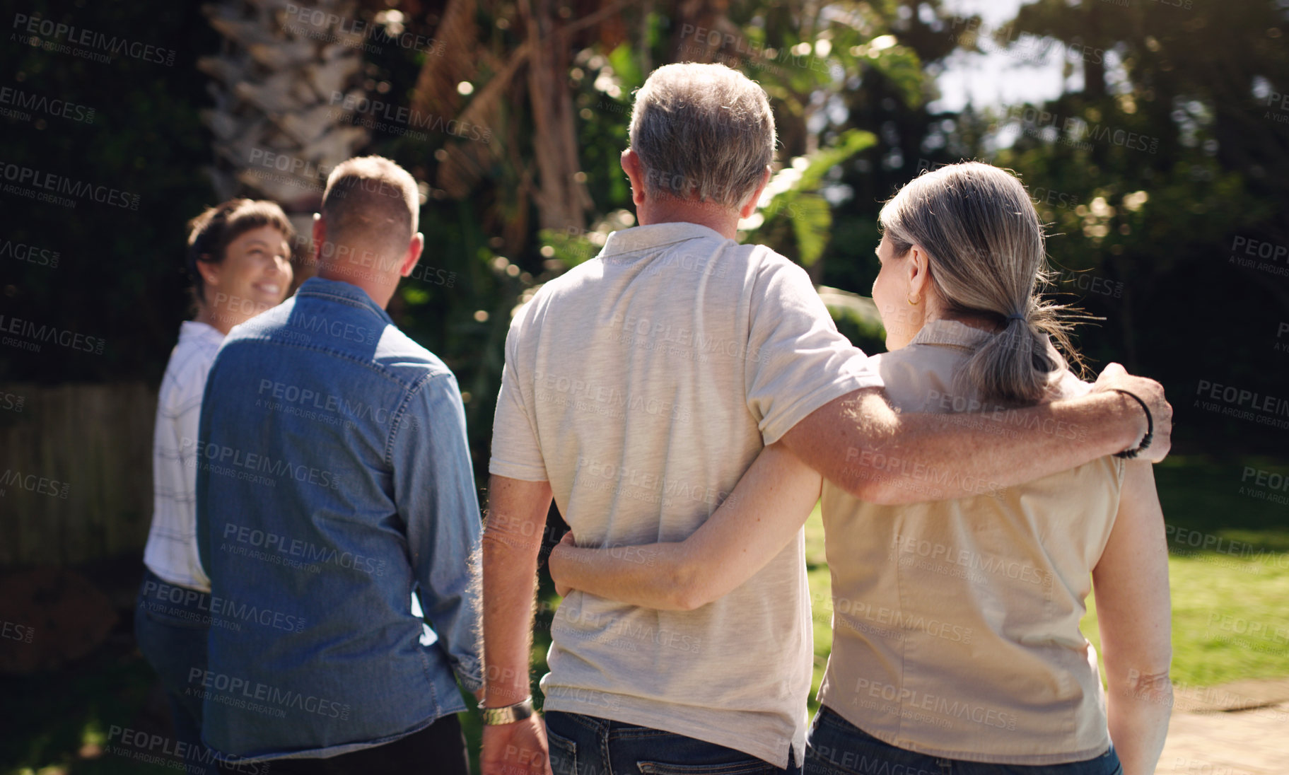 Buy stock photo Family, outdoor and romantic walk for love, summer and vacation or time together with nature. Double date, garden and relaxed stroll for care, spring and holiday with smile in Central Park New York