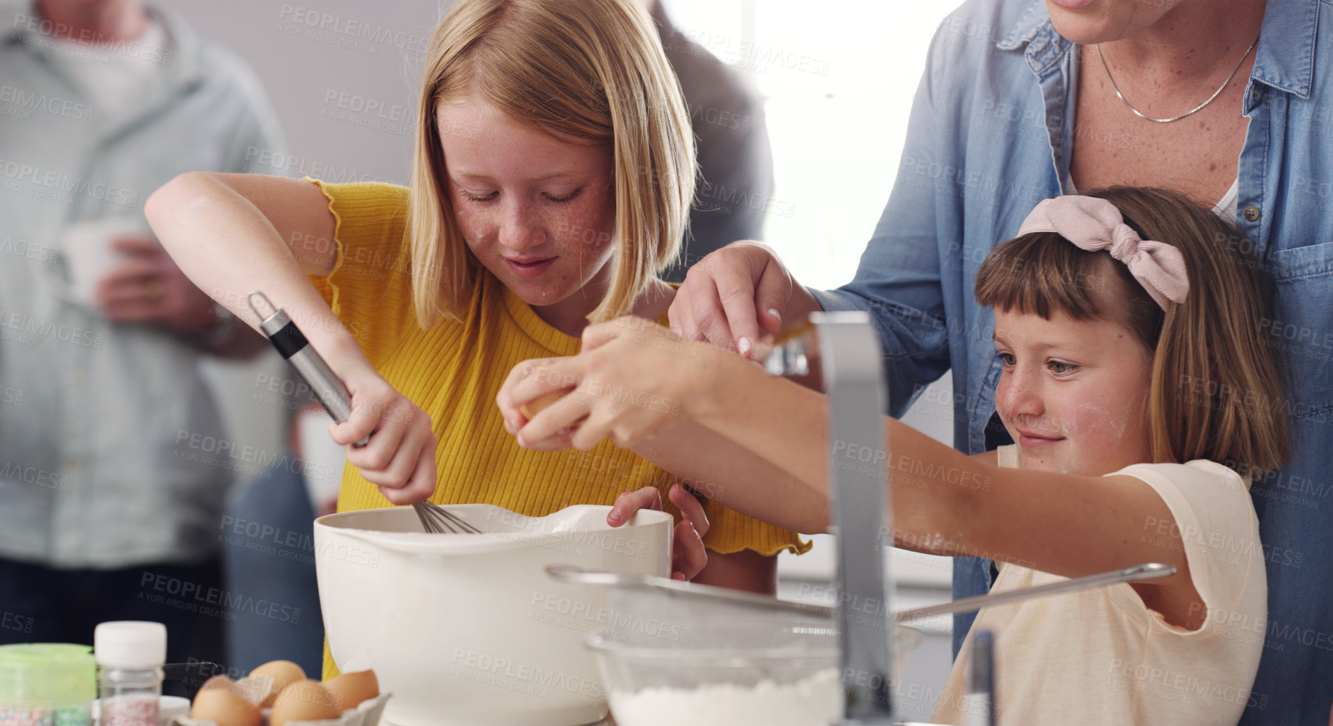 Buy stock photo Family, baking or cooking breakfast in kitchen together for love, bonding and learning on weekend break. Happy, people and children with eggs in home for eating, communication or morning meal