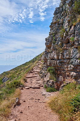 Buy stock photo A footpath on mountain in Cape Town, South Africa. Outdoor trail for exploring in a peaceful, breathtaking cliff on Lions Head. Quiet nature in harmony, lush green growth on a peaceful, sunny morning