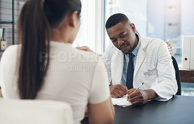 Buy stock photo Doctor, man and writing or woman for consultation with discussion, medical history and diagnosis in clinic office. Healthcare, expert and patient with symptoms, treatment and checkup with clipboard