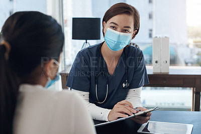 Buy stock photo Tablet, woman and doctor for patient with office, hospital and diagnosis or treatment research. Digital technology, healthcare or medical worker with mask, consultation and clinic for symptom checkup
