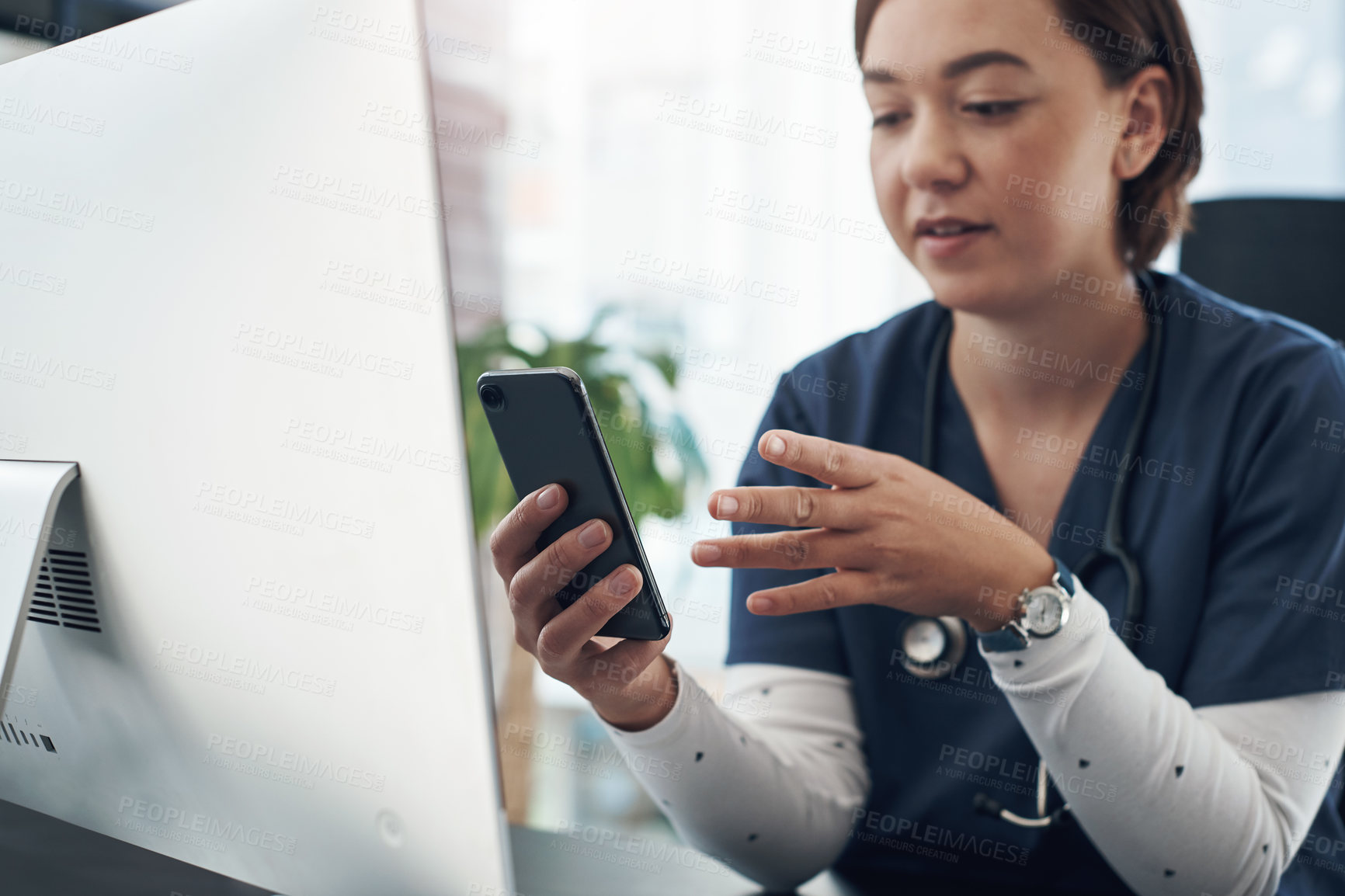 Buy stock photo Office, woman and doctor with smartphone, computer and healthcare with research, online news and connection. Person, medical and professional with pc, cellphone and email with digital app or wellness