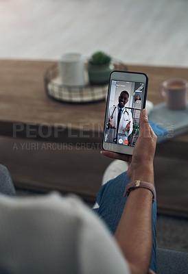 Buy stock photo Phone, video call consulting with a doctor and a patient in the home for healthcare, medical or insurance. Telehealth, communication and remote with a person talking to a medicine professional online