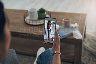 Buy stock photo Phone, remote consulting with a doctor and a patient in the home for healthcare, medical or insurance. Video call, communication and contact with a person talking to a medicine professional online