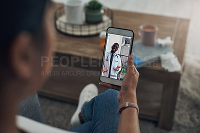Buy stock photo Phone, telehealth and consulting with a doctor and a patient in the home for healthcare or medical insurance. Video call, contact and remote with a person talking to a medicine professional online