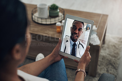 Buy stock photo Tablet, remote consulting with a doctor and a patient in the home for healthcare, medical or insurance. Video call, telehealth and contact with a person talking to a medicine professional online