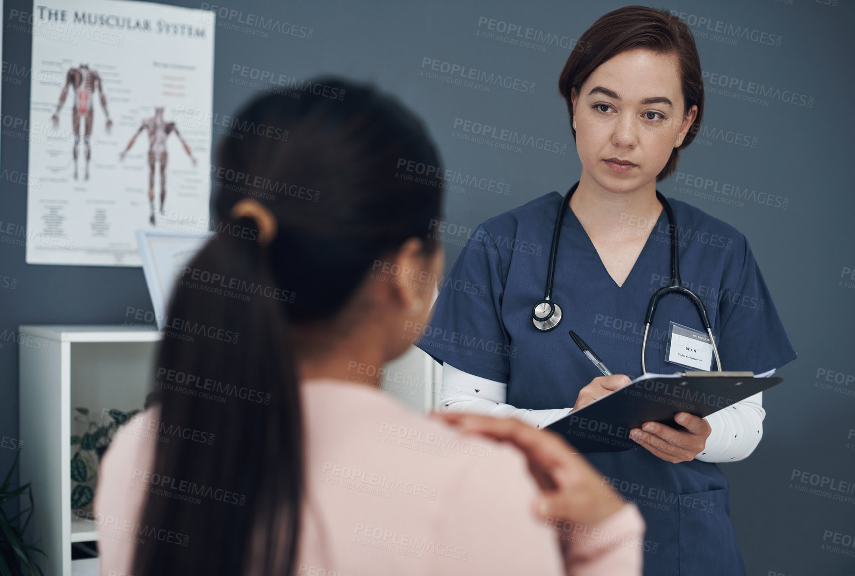 Buy stock photo Doctor, patient and clipboard for injury at physiotherapy with shoulder pain, medical history and symptoms. Consultation, people and notes with question, treatment plan or health insurance in checkup