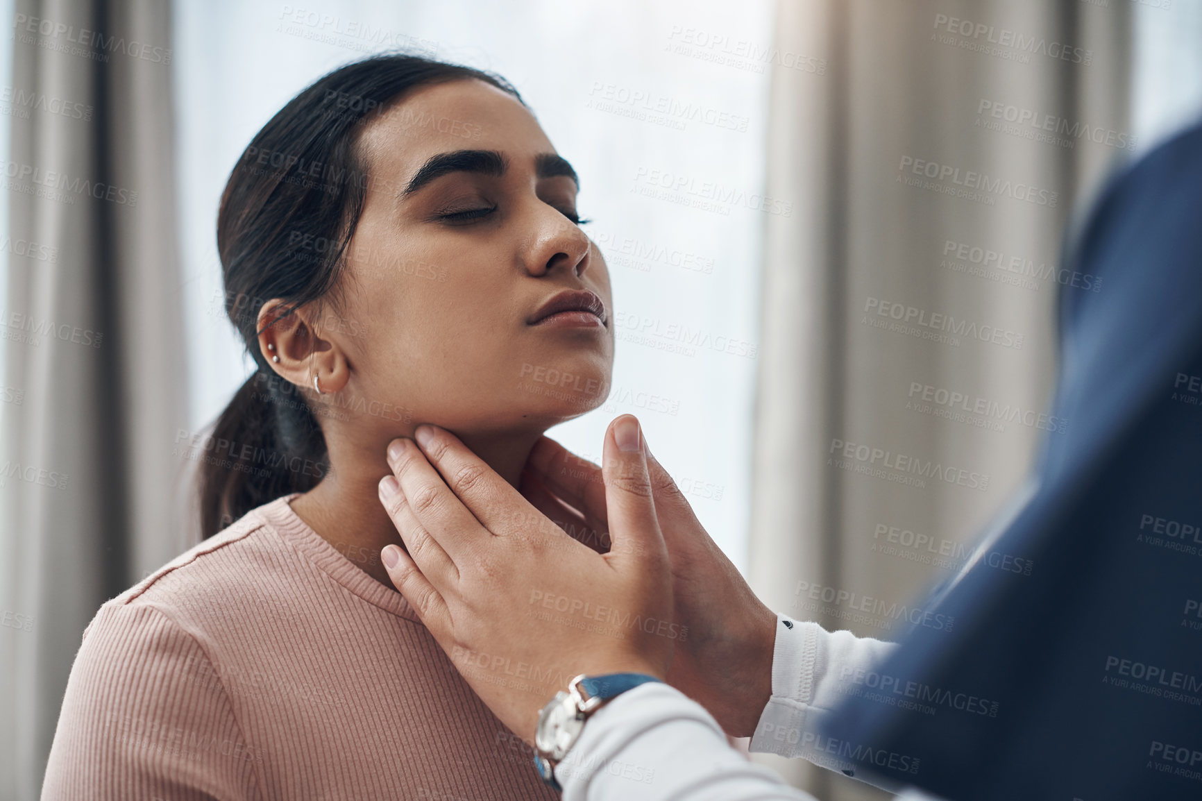 Buy stock photo Woman, doctor and check with hands on throat, feeling and thyroid issue or glands in healthcare appointment. Clinic, hospital exam and patient for wellness, infection and diagnosis with professional