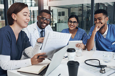 Buy stock photo Meeting, documents and team of doctors in office for medical treatment, diagnosis or surgery in clinic. Discussion, laptop and surgeon with healthcare interns learning with paperwork in hospital.