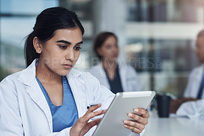 Buy stock photo Tablet, research and woman doctor in hospital for meeting read medical communication online. Telehealth, email and professional healthcare worker scroll on internet with digital technology in clinic.