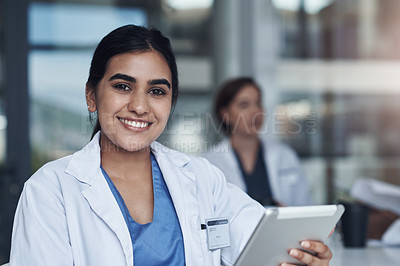 Buy stock photo Tablet, research and portrait of woman doctor in hospital for meeting read medical information online. Telehealth, email and healthcare worker with communication on digital technology in clinic.