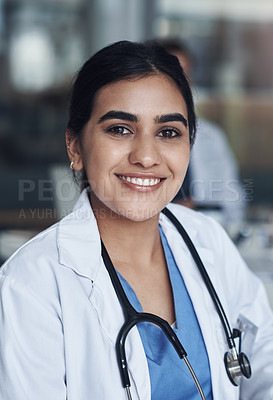 Buy stock photo Portrait, woman doctor and hospital for healthcare, physician and medical health staff. Professional, expert and surgeon with stethoscope, female person or smile for cardiologist specialist in clinic
