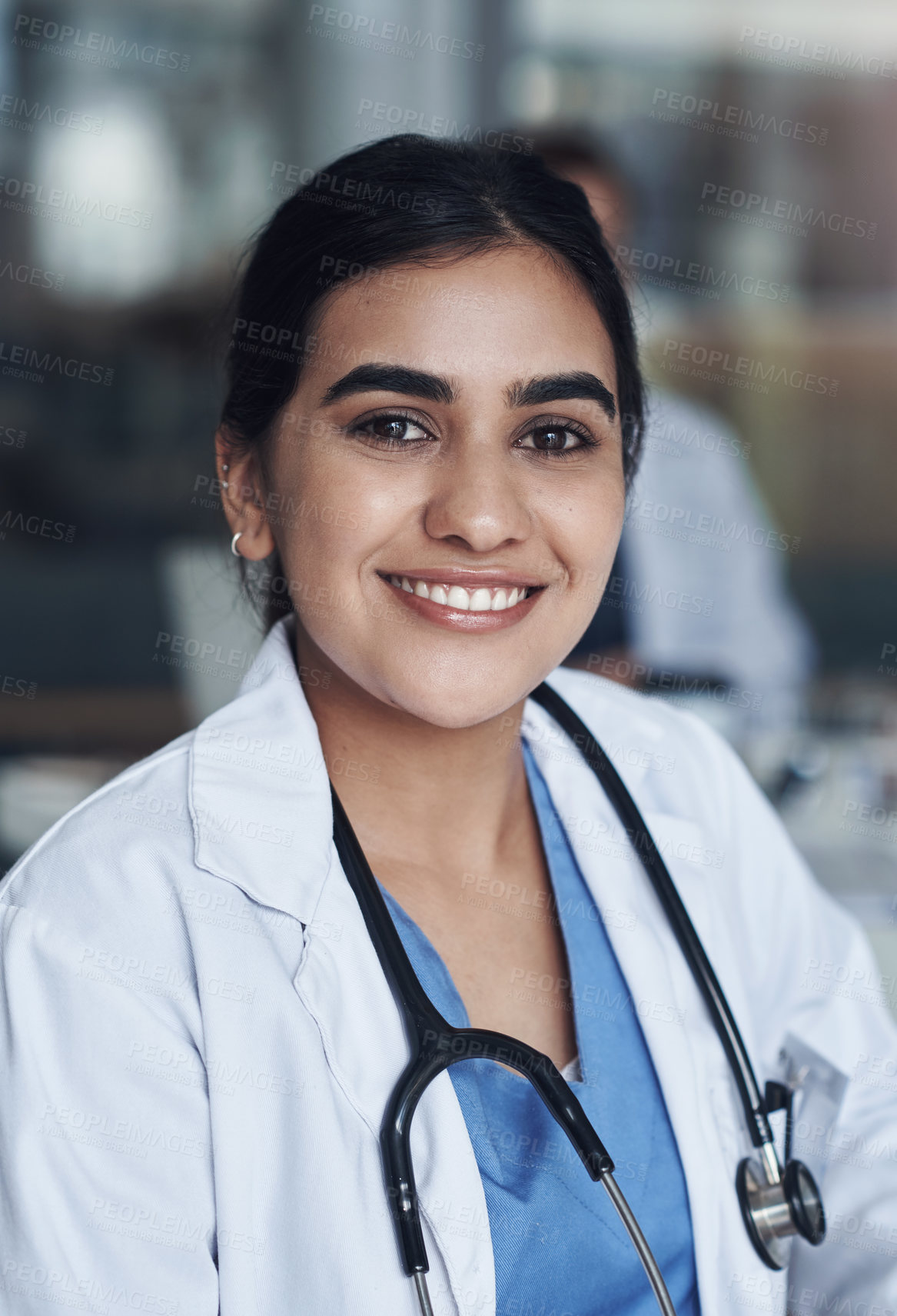 Buy stock photo Portrait, woman doctor and hospital for healthcare, physician and medical health staff. Professional, expert and surgeon with stethoscope, female person or smile for cardiologist specialist in clinic