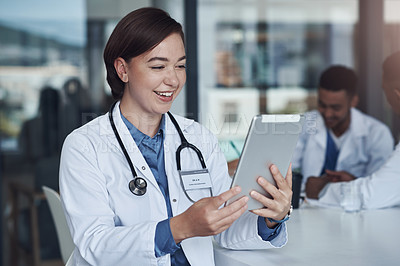 Buy stock photo Tablet, video call and woman doctor in hospital for consultation with medical communication. Telehealth, professional and healthcare worker on virtual discussion with digital technology in clinic.
