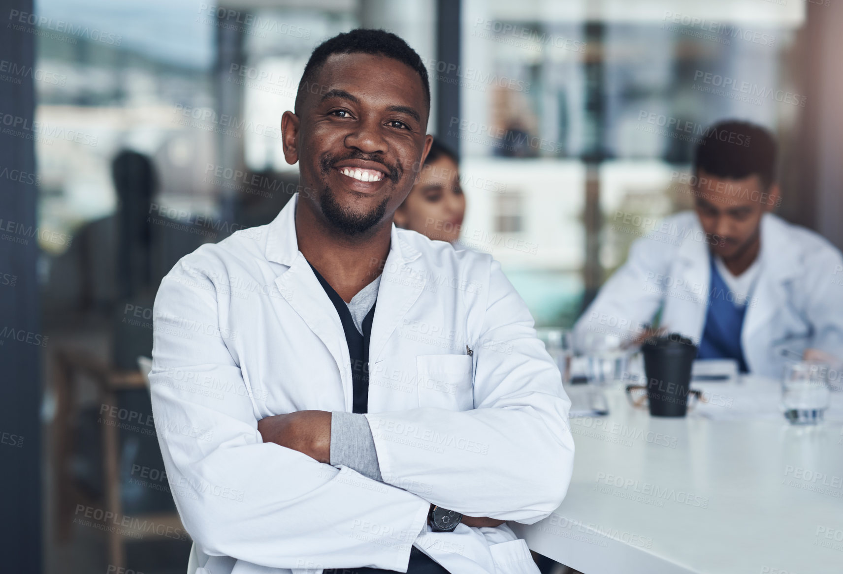 Buy stock photo Portrait, black man and doctor in hospital, healthcare and physician for medical health staff. Professional, expert or surgeon with stethoscope, male and cardiologist for case research with colleague