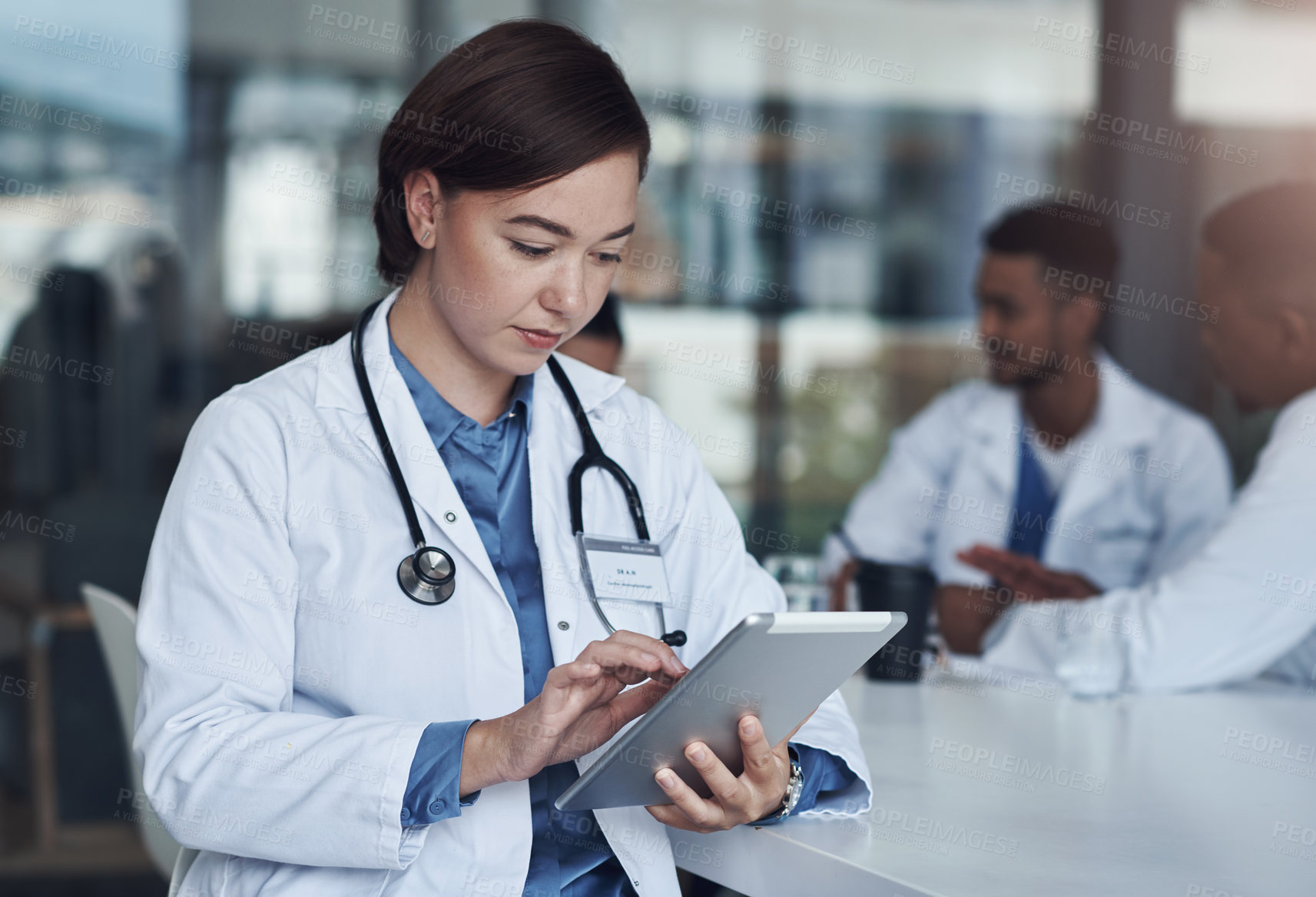 Buy stock photo Tablet, research and woman doctor in hospital office for meeting reading medical information online. Telehealth, email and female healthcare worker with communication on digital technology in clinic.