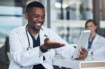 Buy stock photo Video call, black man or doctor with tablet for advice, results or communication in hospital. Clinic, meeting and medical professional on digital app for telehealth, networking or consulting online