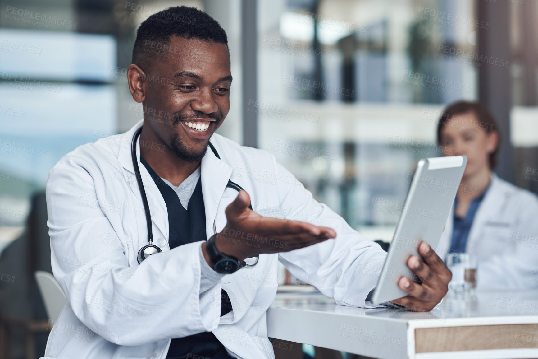 Buy stock photo Video call, black man or doctor with tablet for advice, results or communication in hospital. Clinic, meeting and medical professional on digital app for telehealth, networking or consulting online