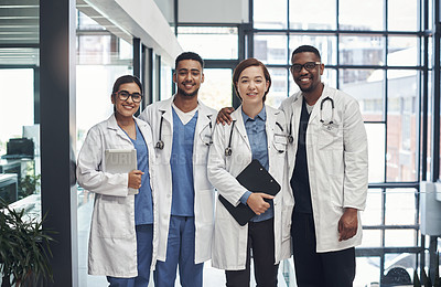 Buy stock photo Group, medical and doctor in hospital for portrait with teamwork or collaboration for support of healthcare services. Diversity, staff and cardiology specialist with medicine for wellness treatment