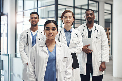 Buy stock photo Serious, people or doctors in hospital portrait together for healthcare, wellness and solidarity. Clinic, surgeons or physicians in group for medical advice, teamwork or collaboration in medicine