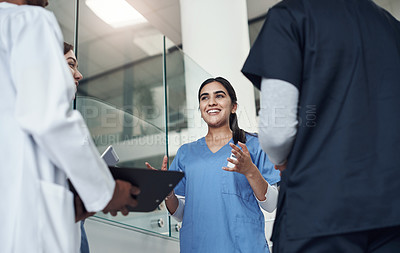 Buy stock photo Low angle nurse, doctors and discussion with clipboard, results and talk for health and medicine. Team, hospital and planning for medical, help and life insurance with communication and collaboration